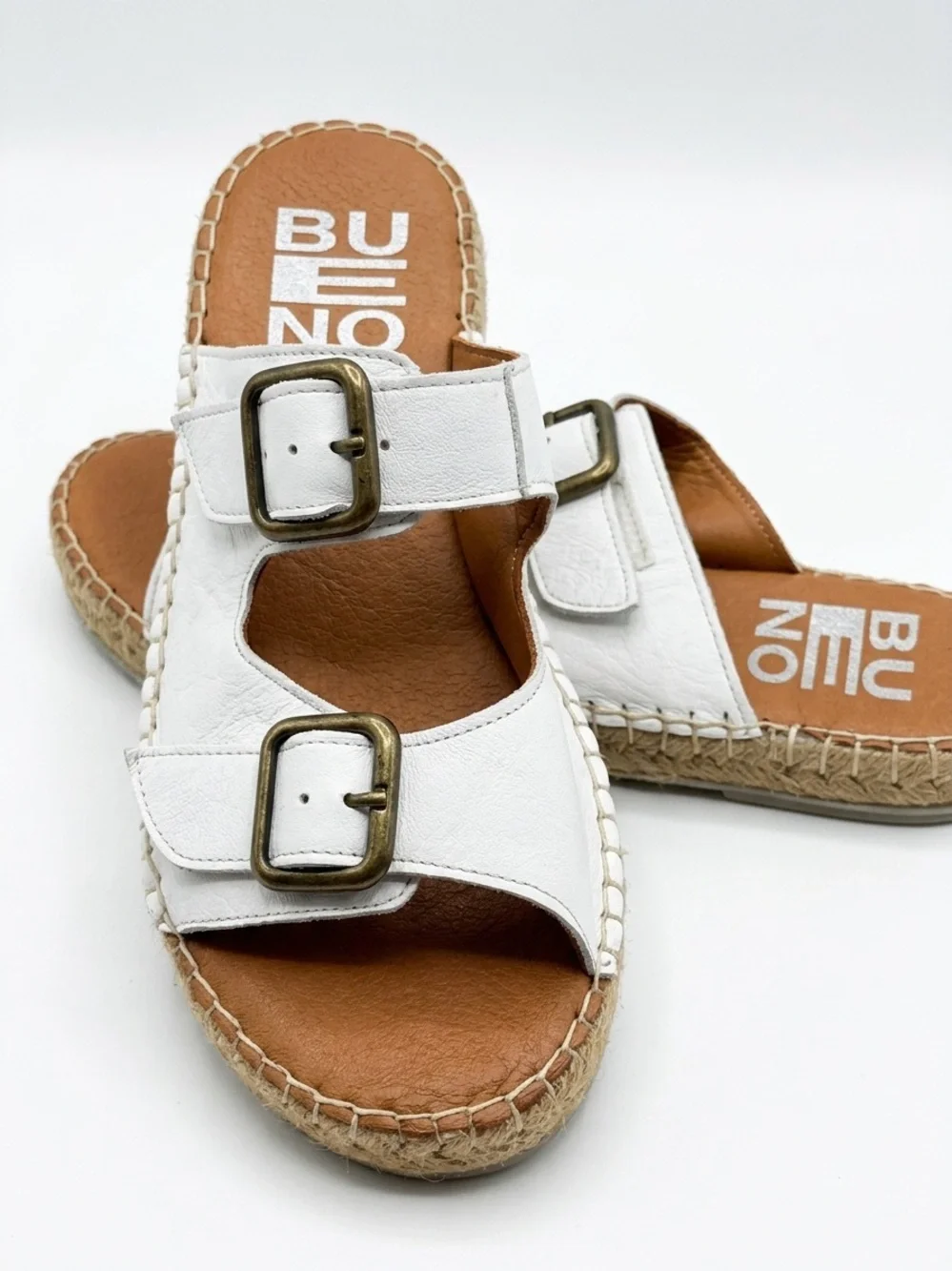 Bueno White Leather Double Buckle Espadrille Slide Sandals